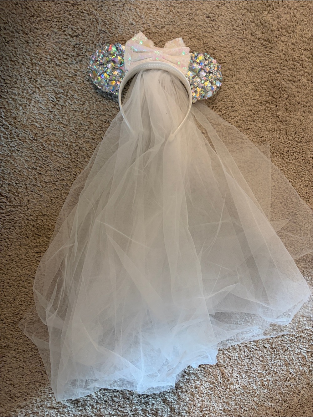 Bridal White Sequin Mouse Ears Headband with Veil